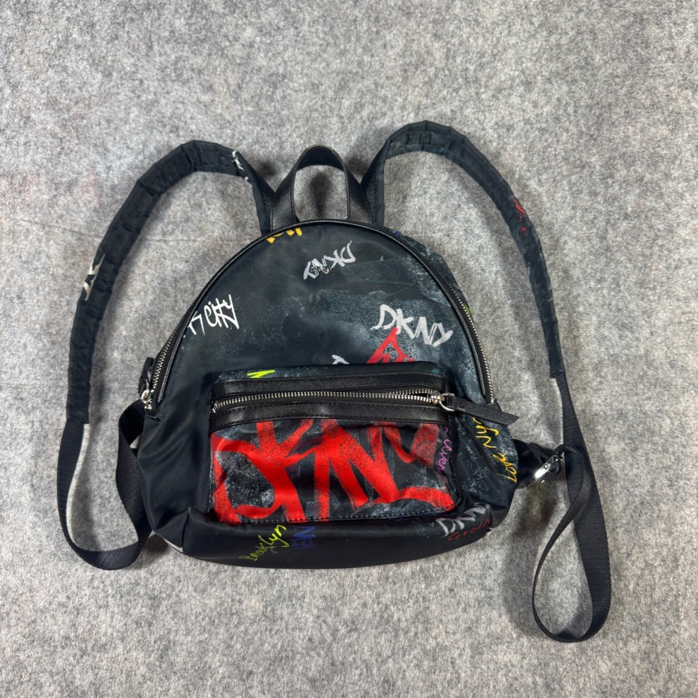 DKNY Mini Backpack Black Nylon Graffiti Print Streetwear Urban Logo Bag